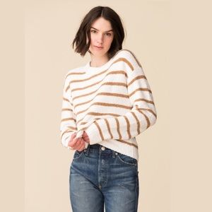 Vince Tan and White Striped Boucle Waffle Stitch Crewneck Sweater Sz XL